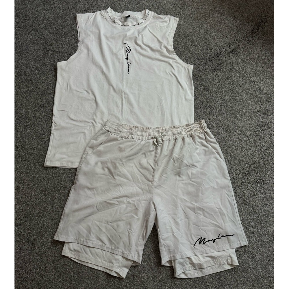 Mayhem Men White Sleeveless Muscle Tank & Layered Shorts Set XXL 2 Piece Bundle